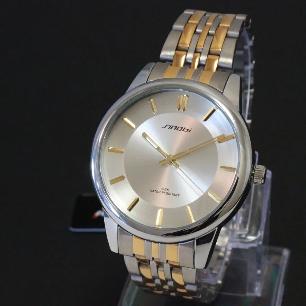 Men's Casual Watch Two Tone Silver Sunburst Dial Gold Hands, Indices 38mm